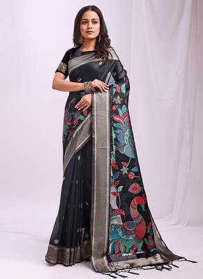Black handwoven linen cotton blend saree with multicolor peacock motif pallu & zari border 1