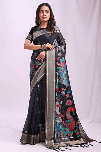 Black handwoven linen cotton blend saree with multicolor peacock motif pallu & zari border