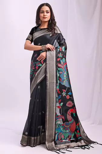 Black handwoven linen cotton blend saree with multicolor peacock motif pallu & zari border