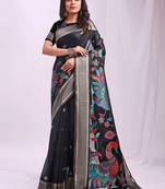Black handwoven linen cotton blend saree with multicolor peacock motif pallu & zari border