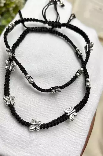 Black Thread Anklet Pair with Silver Butterfly Charms, Oxidized Barefoot Sandals, Indian Payal