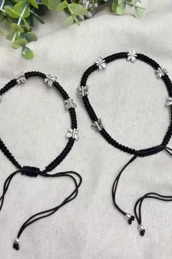 Black Thread Anklet Pair with Silver Butterfly Charms, Oxidized Barefoot Sandals, Indian Payal