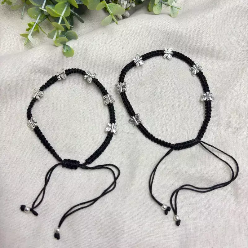 Black Thread Anklet Pair with Silver Butterfly Charms, Oxidized Barefoot Sandals, Indian Payal