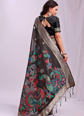 Black handwoven linen cotton blend saree with multicolor peacock motif pallu & zari border 2