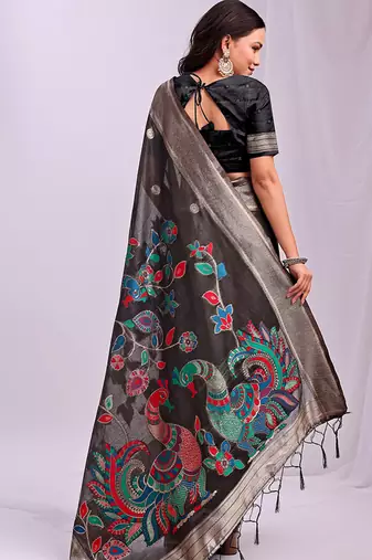 Black handwoven linen cotton blend saree with multicolor peacock motif pallu & zari border