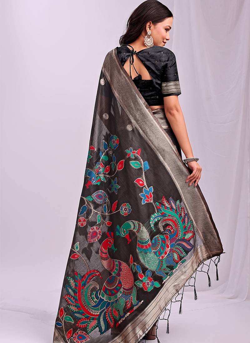 Black handwoven linen cotton blend saree with multicolor peacock motif pallu & zari border