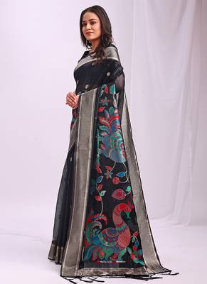 Black handwoven linen cotton blend saree with multicolor peacock motif pallu & zari border 3