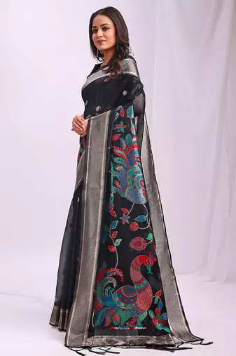 Black handwoven linen cotton blend saree with multicolor peacock motif pallu & zari border