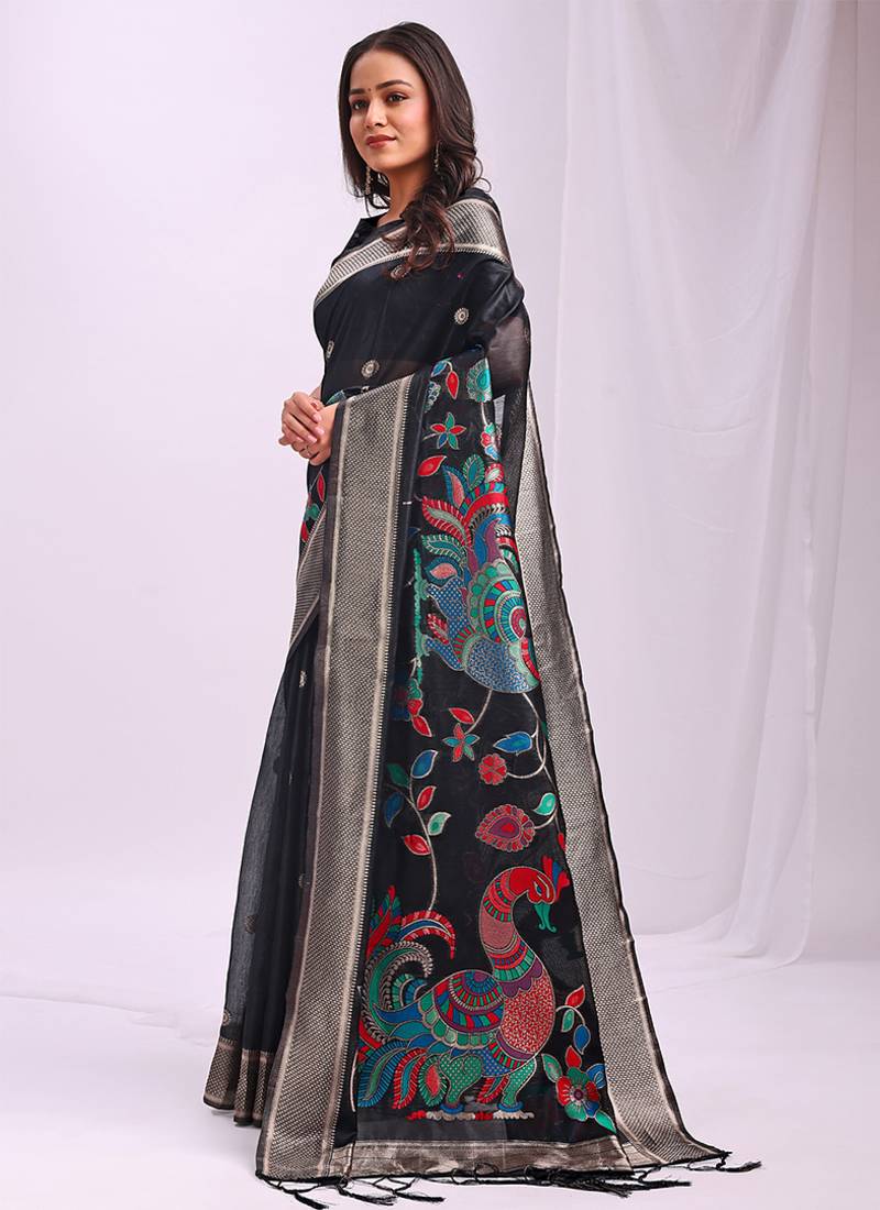 Black handwoven linen cotton blend saree with multicolor peacock motif pallu & zari border
