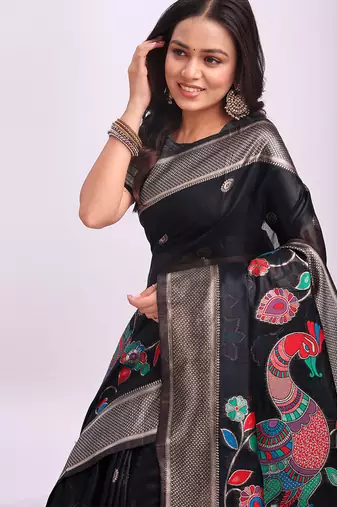 Black handwoven linen cotton blend saree with multicolor peacock motif pallu & zari border