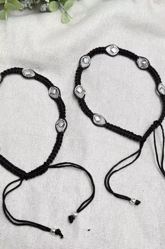 Handcrafted Oxidized Silver Plated Anklet, Black Thread Macrame Payal, Boho Indian Foot Jewelry