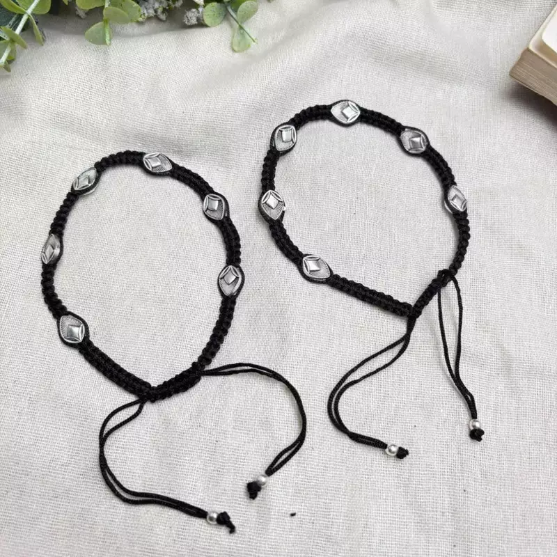 Handcrafted Oxidized Silver Plated Anklet, Black Thread Macrame Payal, Boho Indian Foot Jewelry