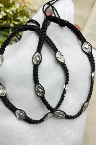 Handcrafted Oxidized Silver Plated Anklet, Black Thread Macrame Payal, Boho Indian Foot Jewelry
