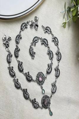 Oxidized Silver Boho Anklet with peacock motifs | Vintage Style Tribal Ankle Bracelet with Pink Stone & Bells  2