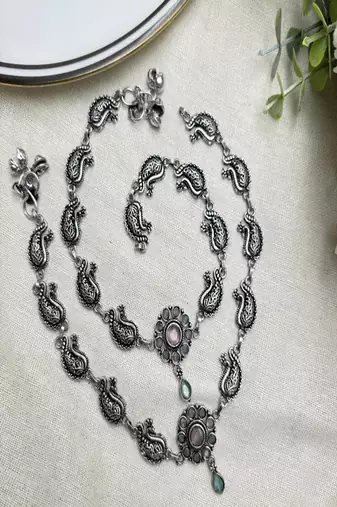 Oxidized Silver Boho Anklet with peacock motifs | Vintage Style Tribal Ankle Bracelet with Pink Stone & Bells 