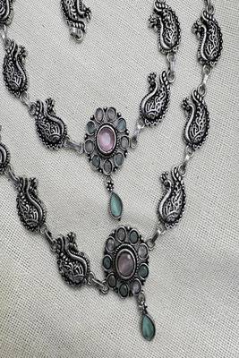 Oxidized Silver Boho Anklet with peacock motifs | Vintage Style Tribal Ankle Bracelet with Pink Stone & Bells  3
