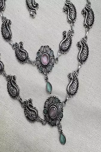 Oxidized Silver Boho Anklet with peacock motifs | Vintage Style Tribal Ankle Bracelet with Pink Stone & Bells 