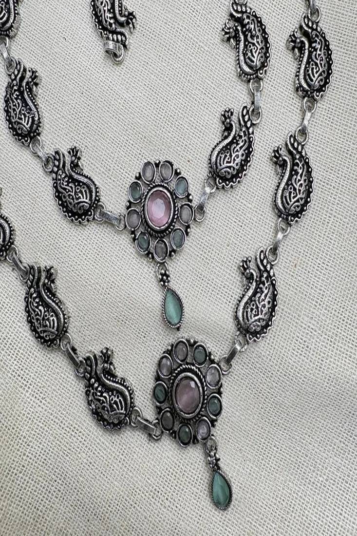 Oxidized Silver Boho Anklet with peacock motifs | Vintage Style Tribal Ankle Bracelet with Pink Stone & Bells 