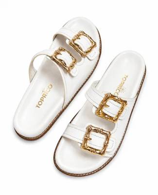 White buckle detail faux leather cloud comfort flats for women 1