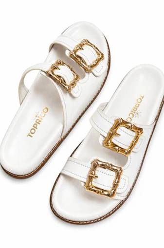 White buckle detail faux leather cloud comfort flats for women