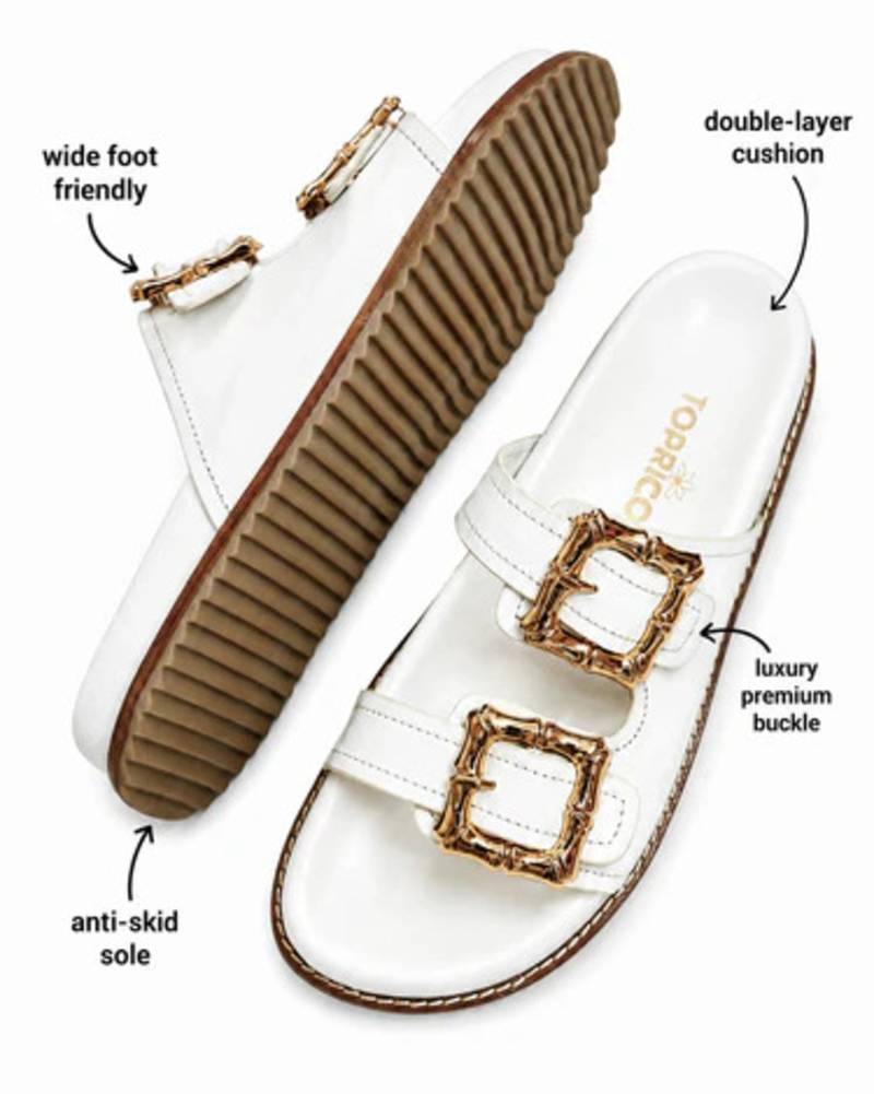 White buckle detail faux leather cloud comfort flats for women