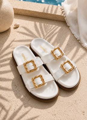 White buckle detail faux leather cloud comfort flats for women 3
