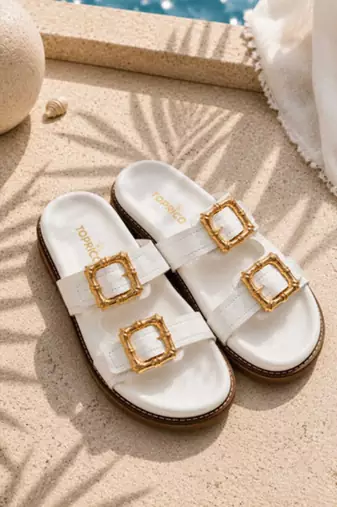 White buckle detail faux leather cloud comfort flats for women