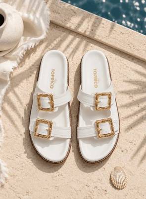 White buckle detail faux leather cloud comfort flats for women 5