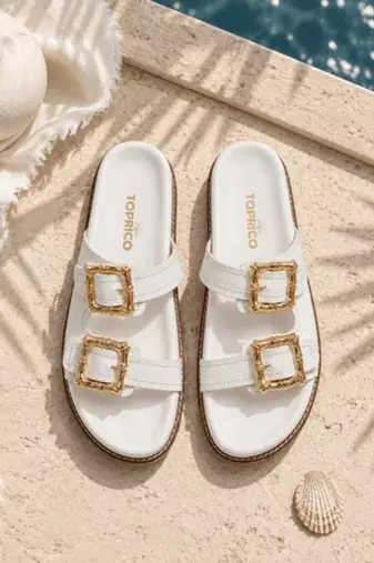 White buckle detail faux leather cloud comfort flats for women