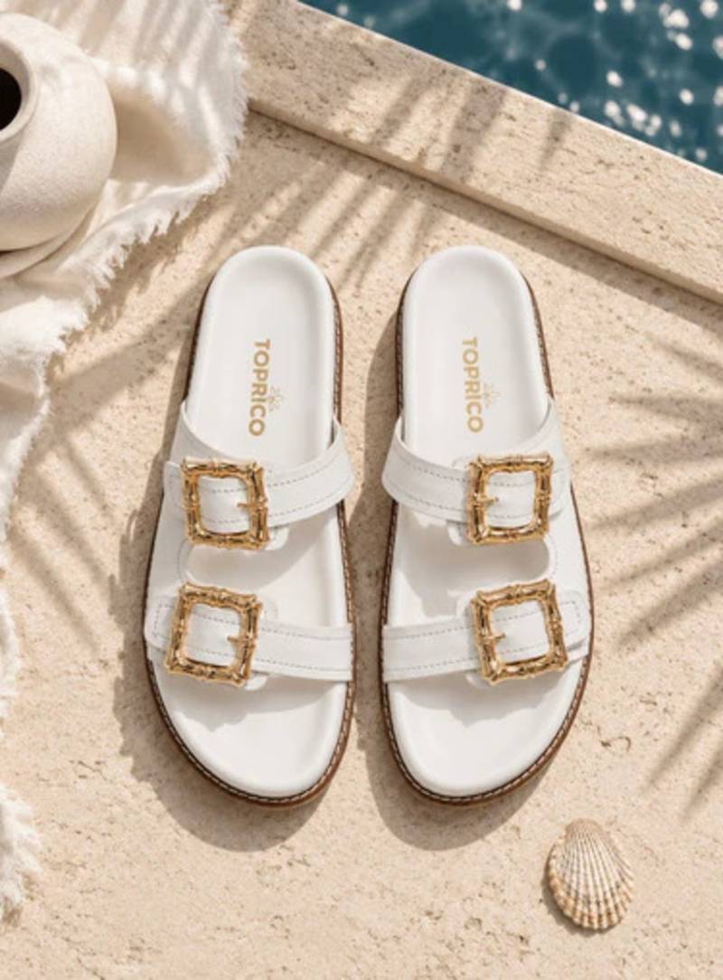 White buckle detail faux leather cloud comfort flats for women