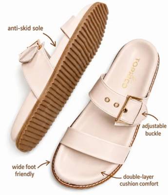 Cream buckle detail faux leather cloud comfort flats for women 5