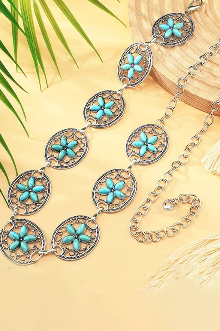 Silver plated stone studded flower waist belt kamar bandh belly chain gift for women & girls