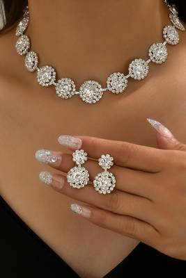 Silver plated cubic zirconia & crystals studded necklace earrings set jewellery for women 1