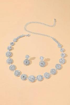 Silver plated cubic zirconia & crystals studded necklace earrings set jewellery for women 2