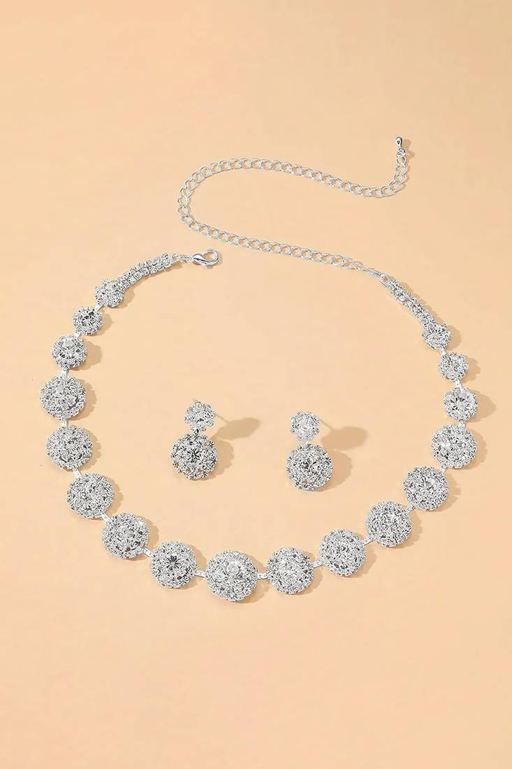 Silver plated cubic zirconia & crystals studded necklace earrings set jewellery for women