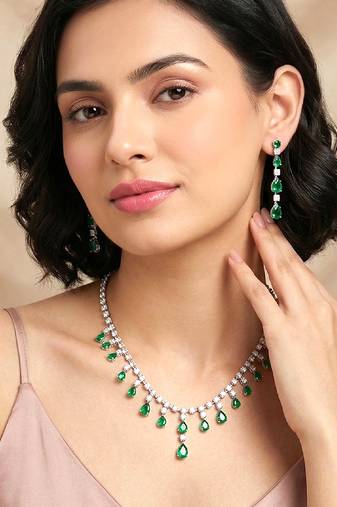 Green stylish necklace earrings set for women & girls | silver plated | cubic zirconia & crystals studded