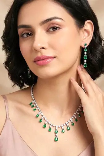 Green stylish necklace earrings set for women & girls | silver plated | cubic zirconia & crystals studded
