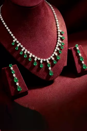 Green stylish necklace earrings set for women & girls | silver plated | cubic zirconia & crystals studded