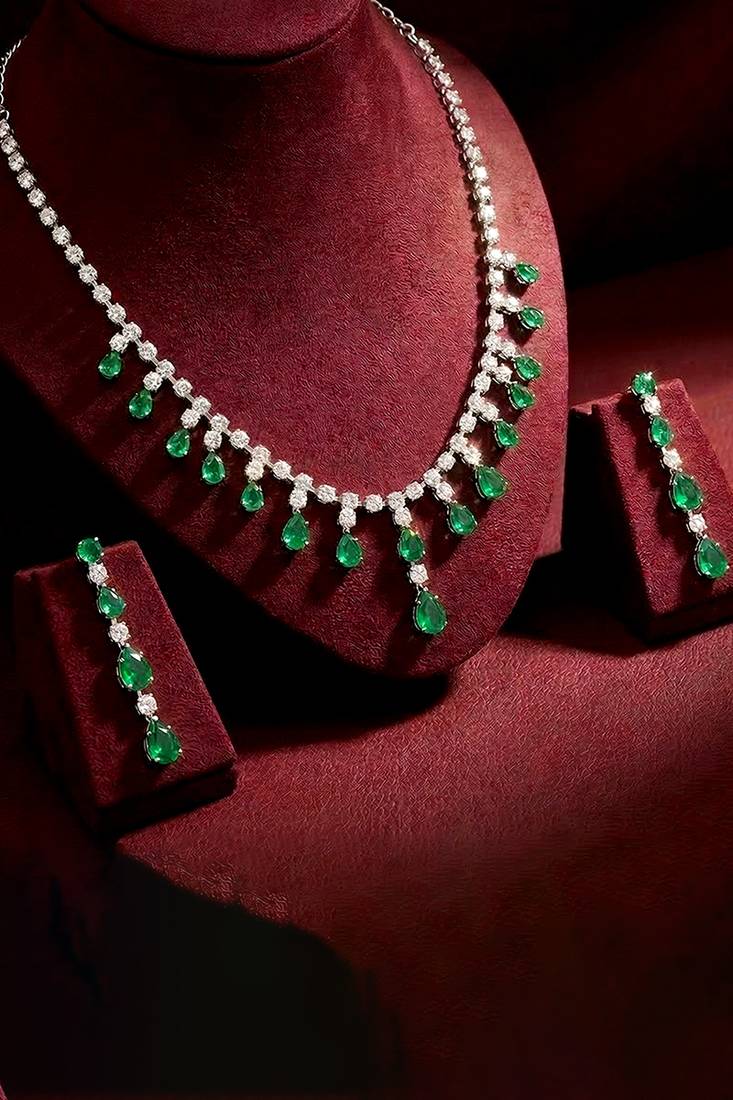 Green stylish necklace earrings set for women & girls | silver plated | cubic zirconia & crystals studded