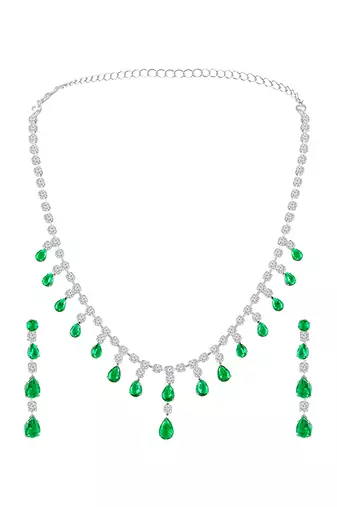 Green stylish necklace earrings set for women & girls | silver plated | cubic zirconia & crystals studded