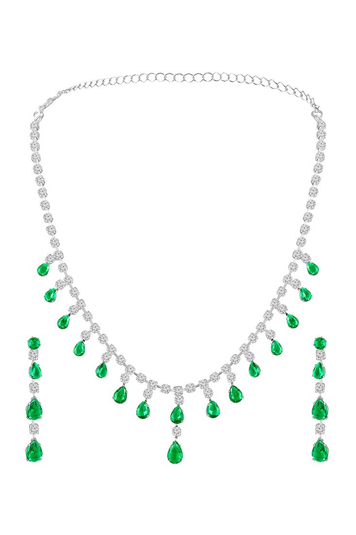 Green stylish necklace earrings set for women & girls | silver plated | cubic zirconia & crystals studded