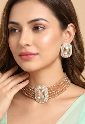 Champagne ethnic choker necklace earrings set for women & girls | gold plated | cubic zirconia crystals & beads studded 1