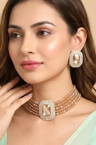 Champagne ethnic choker necklace earrings set for women & girls | gold plated | cubic zirconia crystals & beads studded