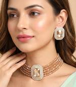Champagne ethnic choker necklace earrings set for women & girls | gold plated | cubic zirconia crystals & beads studded
