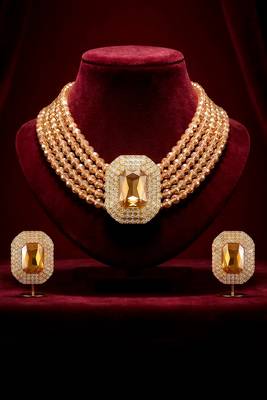 Champagne ethnic choker necklace earrings set for women & girls | gold plated | cubic zirconia crystals & beads studded 2