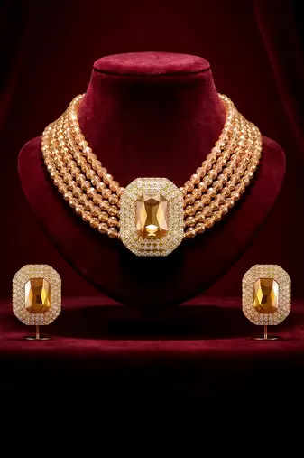Champagne ethnic choker necklace earrings set for women & girls | gold plated | cubic zirconia crystals & beads studded