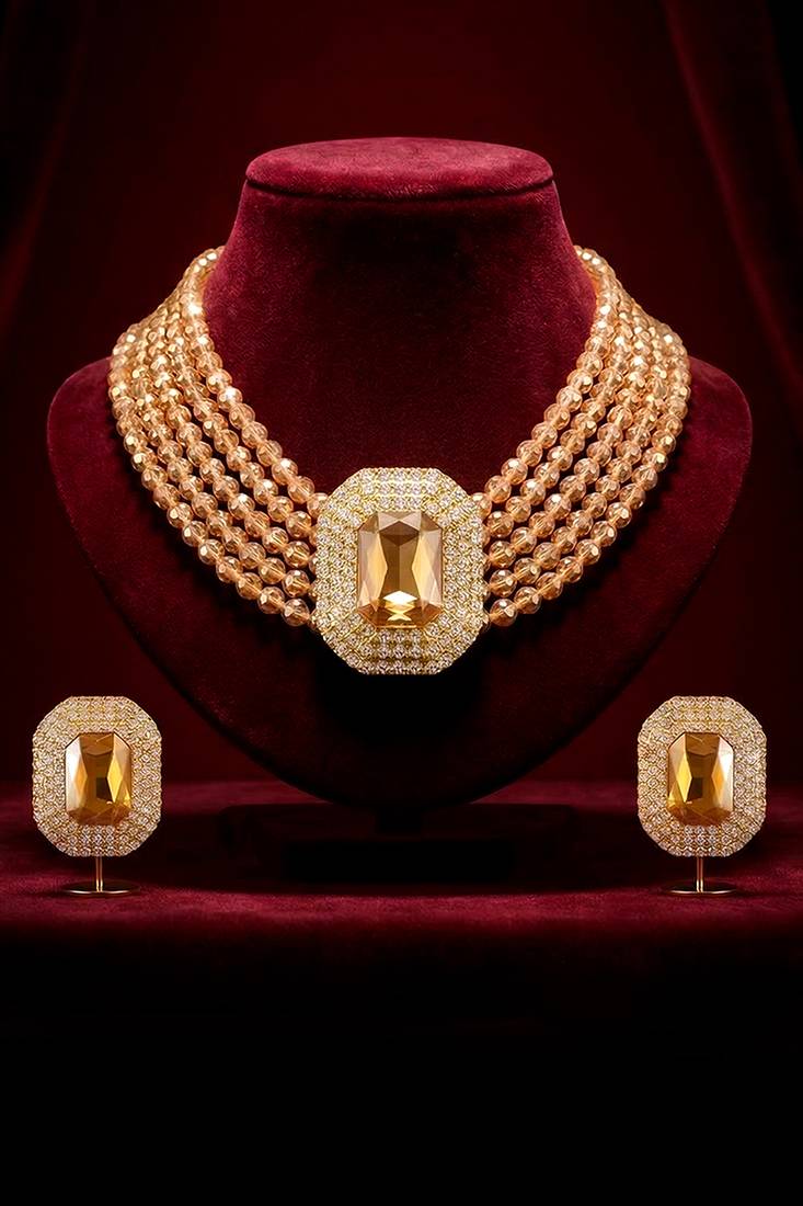Champagne ethnic choker necklace earrings set for women & girls | gold plated | cubic zirconia crystals & beads studded