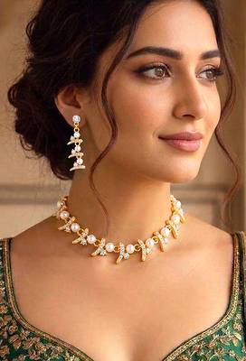 Fancy white necklace earrings set for women & girls | gold plated | crystals & pearl studded 1