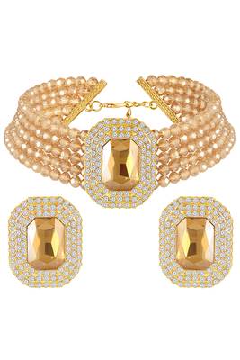 Champagne ethnic choker necklace earrings set for women & girls | gold plated | cubic zirconia crystals & beads studded 3