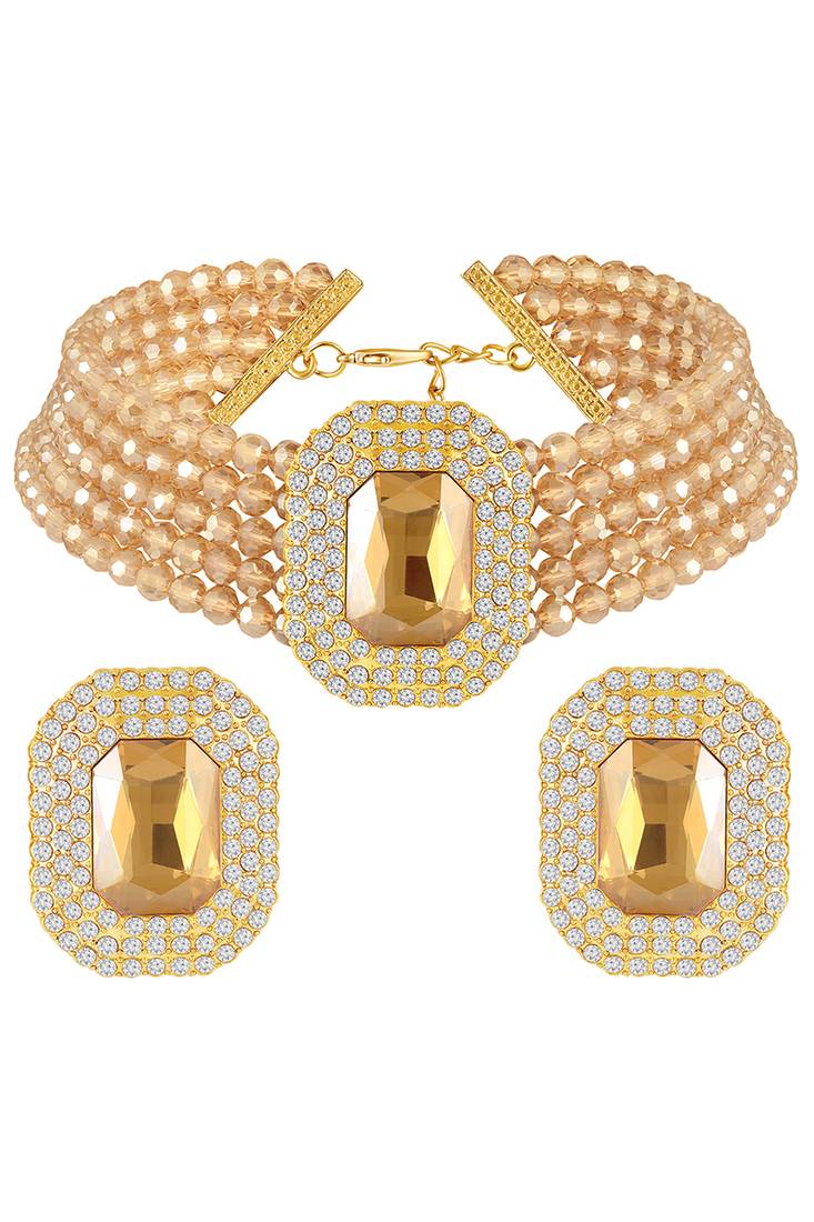 Champagne ethnic choker necklace earrings set for women & girls | gold plated | cubic zirconia crystals & beads studded